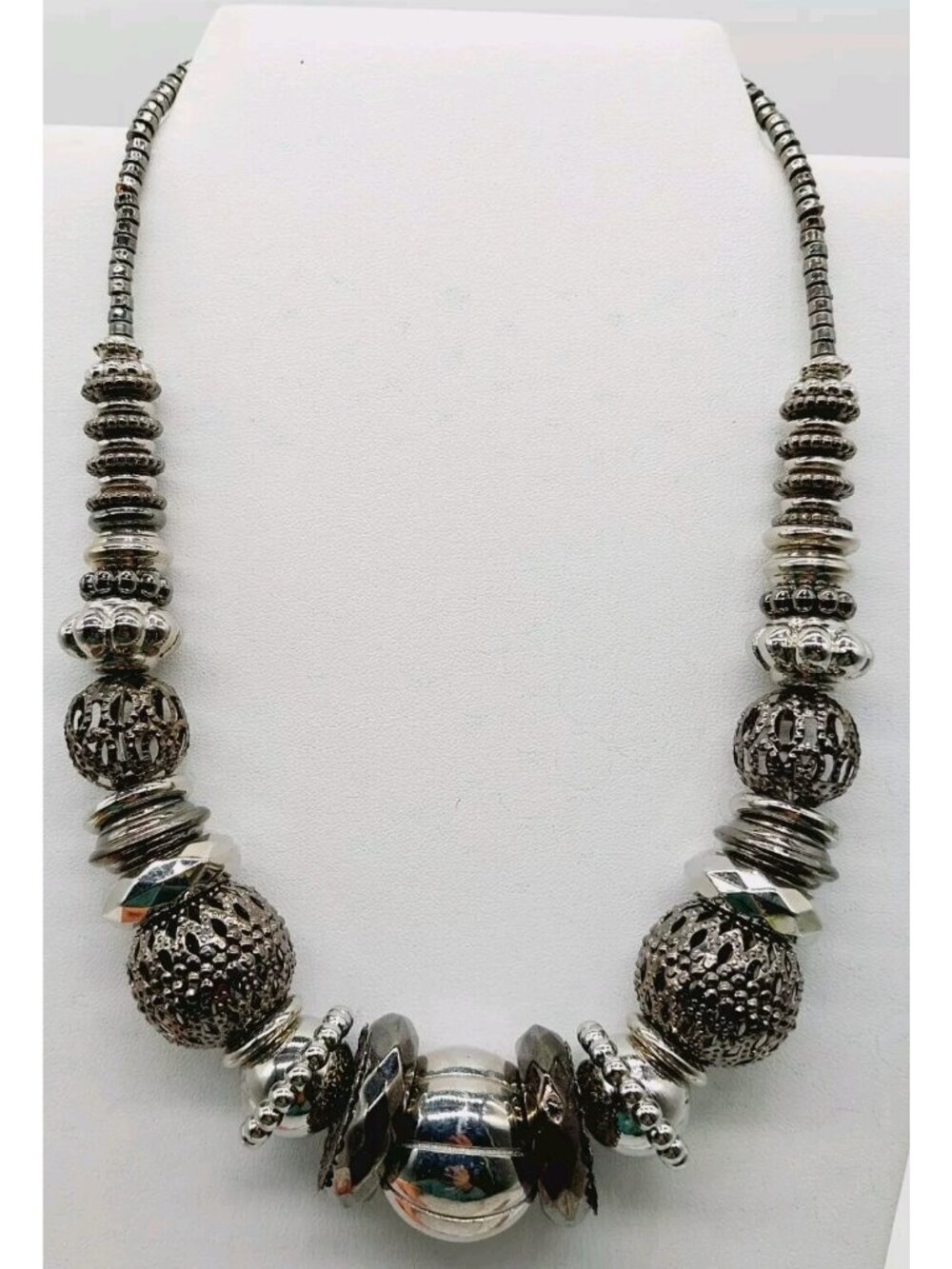 Bold Elements Necklace Silver Tone Textured Puffy Beads Discs Choker